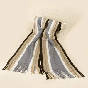 Men's knitted striped scarf with fringe, cozy color block winter neck warmer shawl.