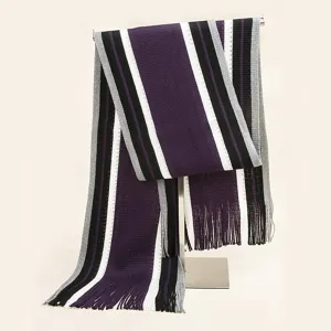 Detailed view of a knitted striped scarf in purple, black, white, and grey with fringe.