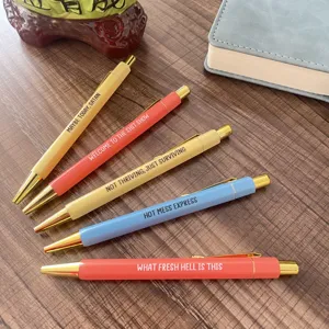 Funny quote ballpoint pens set with colorful metal barrels and smooth black ink for desk.