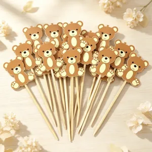 Cute bear cupcake toppers for birthday party and dessert decoration, wooden picks.