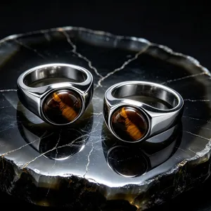 Stainless steel tiger eye stone men ring retro style polished band luxury jewelry detail