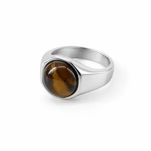 Men's stainless steel signet ring featuring a natural brown tiger's eye gemstone