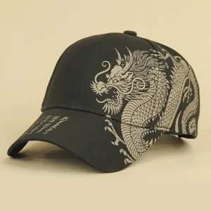 Detailed view of the black Chinese dragon print baseball cap, classic curved brim casual hat.