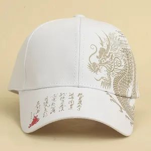 Unisex Chinese style golden dragon printed baseball cap, casual curved brim sun hat.
