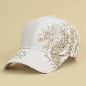 Unisex white baseball cap featuring elegant gold dragon print and calligraphy design for outdoor wear.