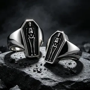 Gothic punk style coffin skeleton ring detail, vintage stainless steel men statement jewelry.