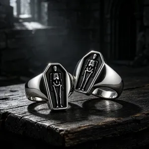 Men's gothic stainless steel coffin skeleton ring punk vintage style biker jewelry