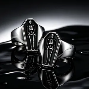 Stainless steel punk coffin skeleton ring featuring detailed dark gothic skull design for men.