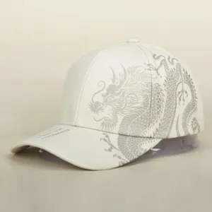 White baseball cap featuring a stylish Chinese dragon print, curved brim, casual outdoor sun hat.