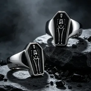Punk gothic coffin skeleton stainless steel ring for men, vintage dark biker jewelry piece.