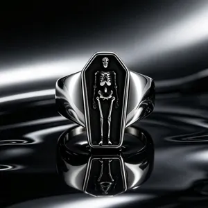 Detail view of the stainless steel gothic coffin skeleton ring, featuring punk dark style design.