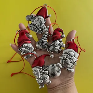 Metal Christmas gnome hanging ornaments set Santa tree decor with red hat and string