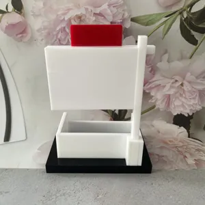 Acryl Immobilien Visitenkartenhalter, weißes und rotes Schilddesign, Schreibtischorganizer.
