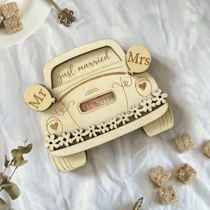 Wooden wedding car money box, creative wooden craft gift for wedding celebration party decor.