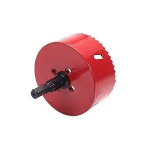 Heavy duty red metal hole saw cutter with black arbor shank for woodworking and drilling tools.