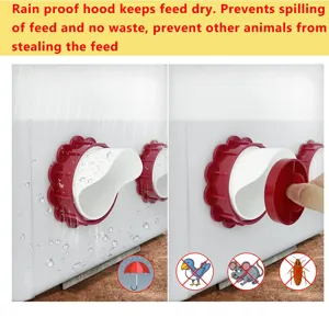 Automatic poultry feeder port with rainproof hood and spill-proof design for chickens.