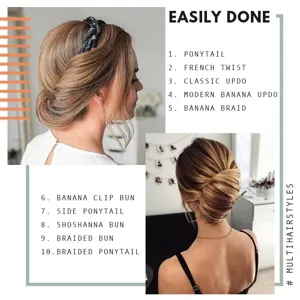 Banana hair clip detail showing easy styling steps and multi-hairstyle creation guide.
