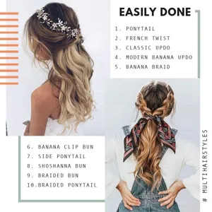 Banana hair clip styling guide detail image showing various elegant updo hairstyles.