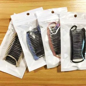 Detailed view of multi-color banana hair clips in clear bags, perfect styling tool.