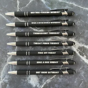 Lustiges Kugelschreiber-Set mit 7 schwarzen Stiften, Stylus-Spitzen und humorvollen Sprüchen.