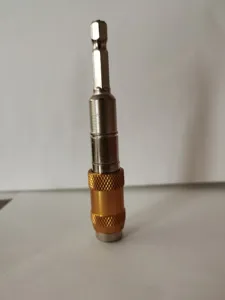 Magnetic screw drill bit holder with hex shank and knurled sleeve for electric power tools.