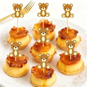 Adorable cute brown bear cake topper details, perfect animal themed party dessert sticks.