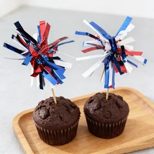 4th of July Cupcake Toppers Red White Blue Tinsel Firework Picks Party Cake Decorations