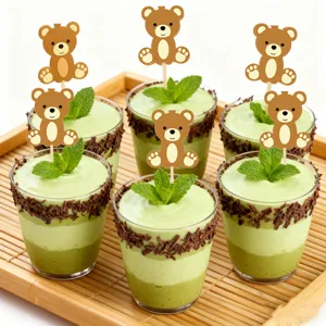 Cute bear cupcake toppers set with clear dessert cups, perfect for animal themed party decor.