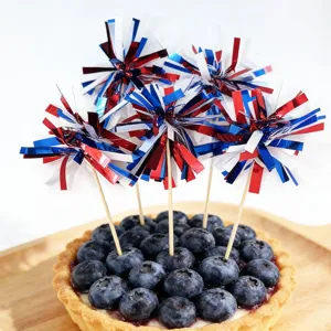 Red white and blue foil firework cupcake toppers for Independence Day party decoration