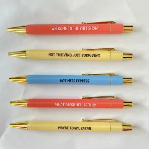 Funny quote metal ballpoint pens set with colorful barrels and gold accents, smooth writing.
