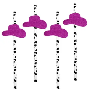 Cow print paper straws with pink glitter cowboy hat decorations, perfect for party drinks.