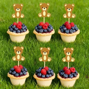 Cute brown bear cupcake toppers set for kids birthday party dessert table animal theme decoration.