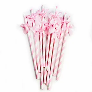 Pink white striped paper straws with sweet bow decoration, perfect for party and birthday events.