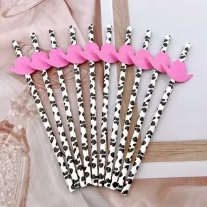 Creative party decorative paper straws with cow print and pink top hat, eco-friendly.