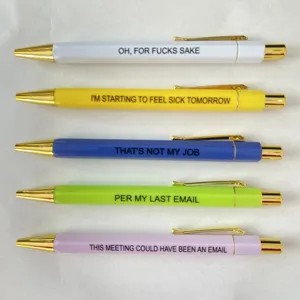Funny office ballpoint pen set with sarcastic quotes, smooth writing metal pens for gifts.
