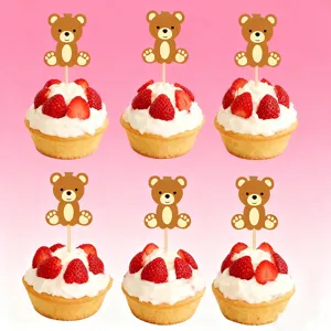 Cute bear cupcake toppers for animal themed party, dessert table decoration and birthday celebration.