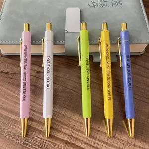Set of 5 colorful metal ballpoint pens with funny office quotes, premium office stationery