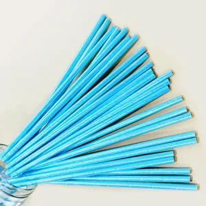 Disposable paper straws, holographic light blue drinking straws for party supplies and daily use.