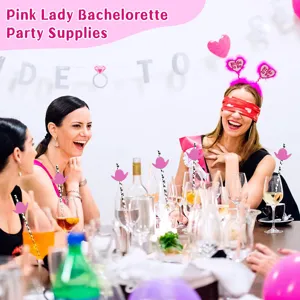Pink lady bachelorette party paper straws with cute pink cowboy hat decorations for events.