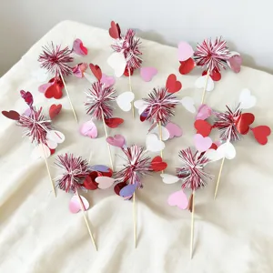 Valentine's Day heart cake topper tinsel picks set for dessert party decoration