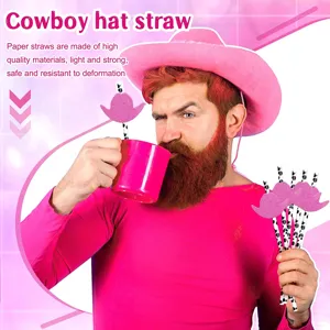 Party paper straws with pink cowboy hat and mustache decorations, fun drink accessories for events.