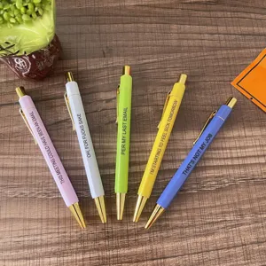 Pack of 5 funny quote ballpoint pens, metal click pens with humorous office slogans.
