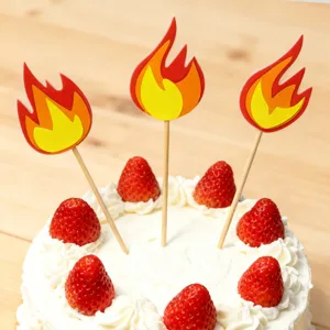 Firefighter theme cake topper set, cartoon flame paper picks with wooden sticks for party.