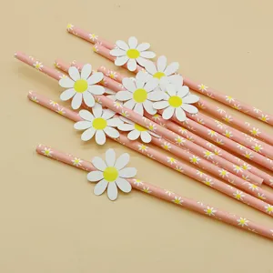 Detailed shot of pink paper drinking straws with cute white daisy flower cutouts, ideal for parties.