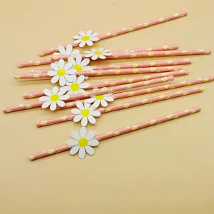Pink daisy paper straw detail view showcasing cute floral decorations for party events.