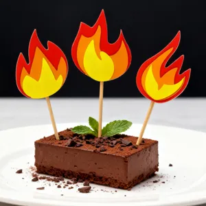Close-up view of vibrant layered flame paper cake toppers on chocolate dessert with fresh mint.