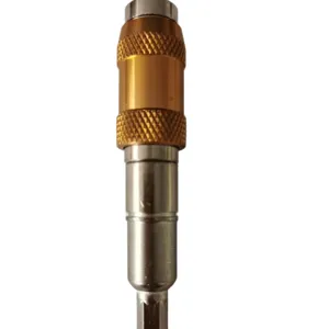 Magnetic screw drill bit holder extension with gold knurled ring and silver metal design.