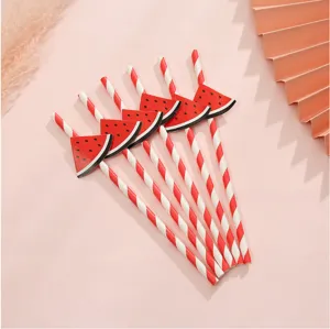 Watermelon paper straws detail view, decorative party drink items for summer events.