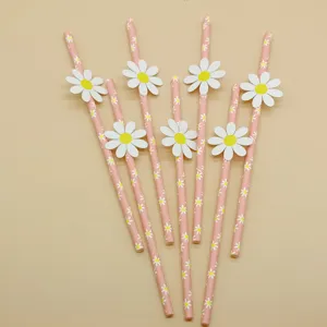 Pink daisy paper straws with cute floral cards for party supplies, eco-friendly decorative drinking straws.