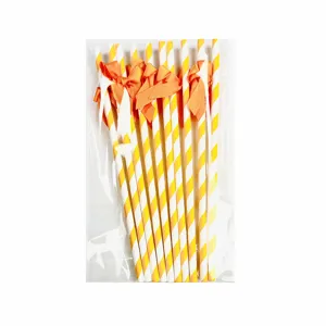 Decorative yellow and white striped paper straws with orange ribbon bows for party and birthday events.